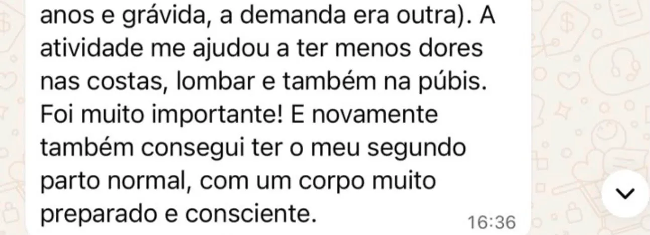 Recorte real do depoimento sobre menos dores e parto