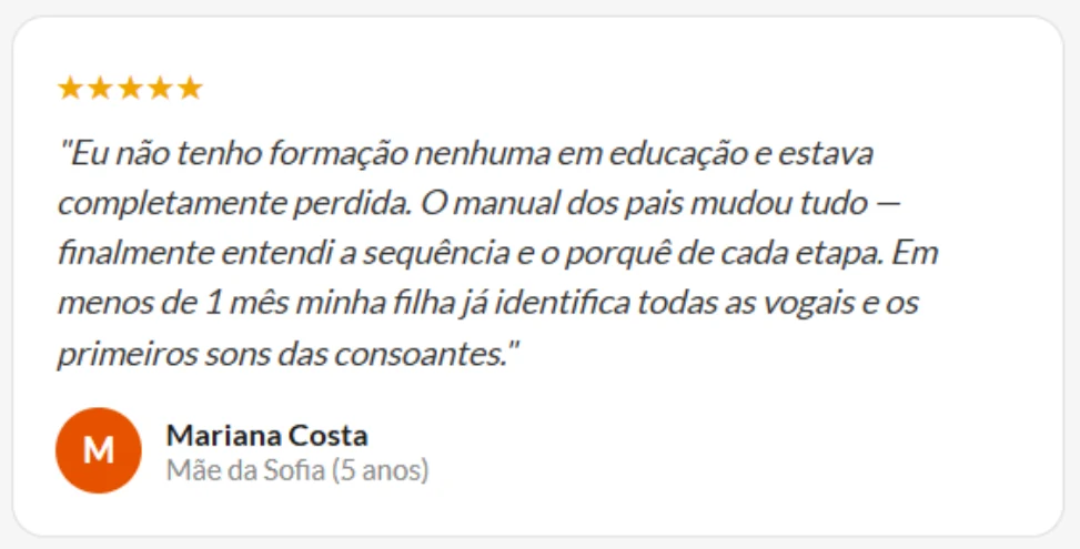 Depoimento de Mariana Costa, mãe da Sofia de 5 anos, 5 estrelas